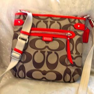Authentic Coach purse. Cloth khaki and vermillion, leather trim